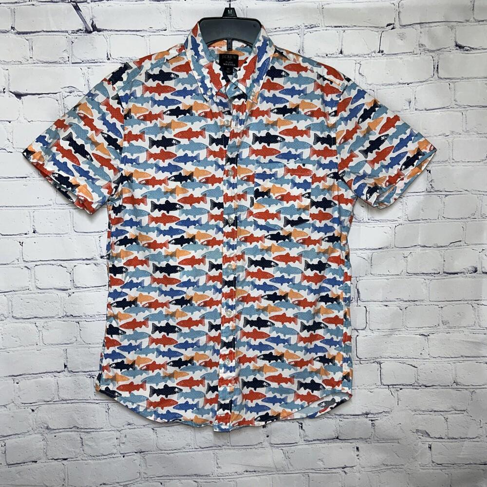 J Crew Men’s Slim Flex Washed Button Down Short Sleeve Shirt  Medium Fish Print